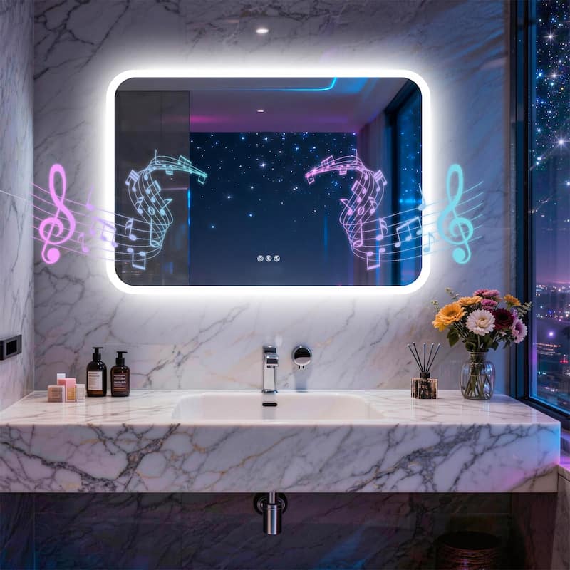 Bluetooth Speaker Smart LED Illuminated Tempered Glass Lighted Bathroom Mirror Backlight Wall Makeup Mirror