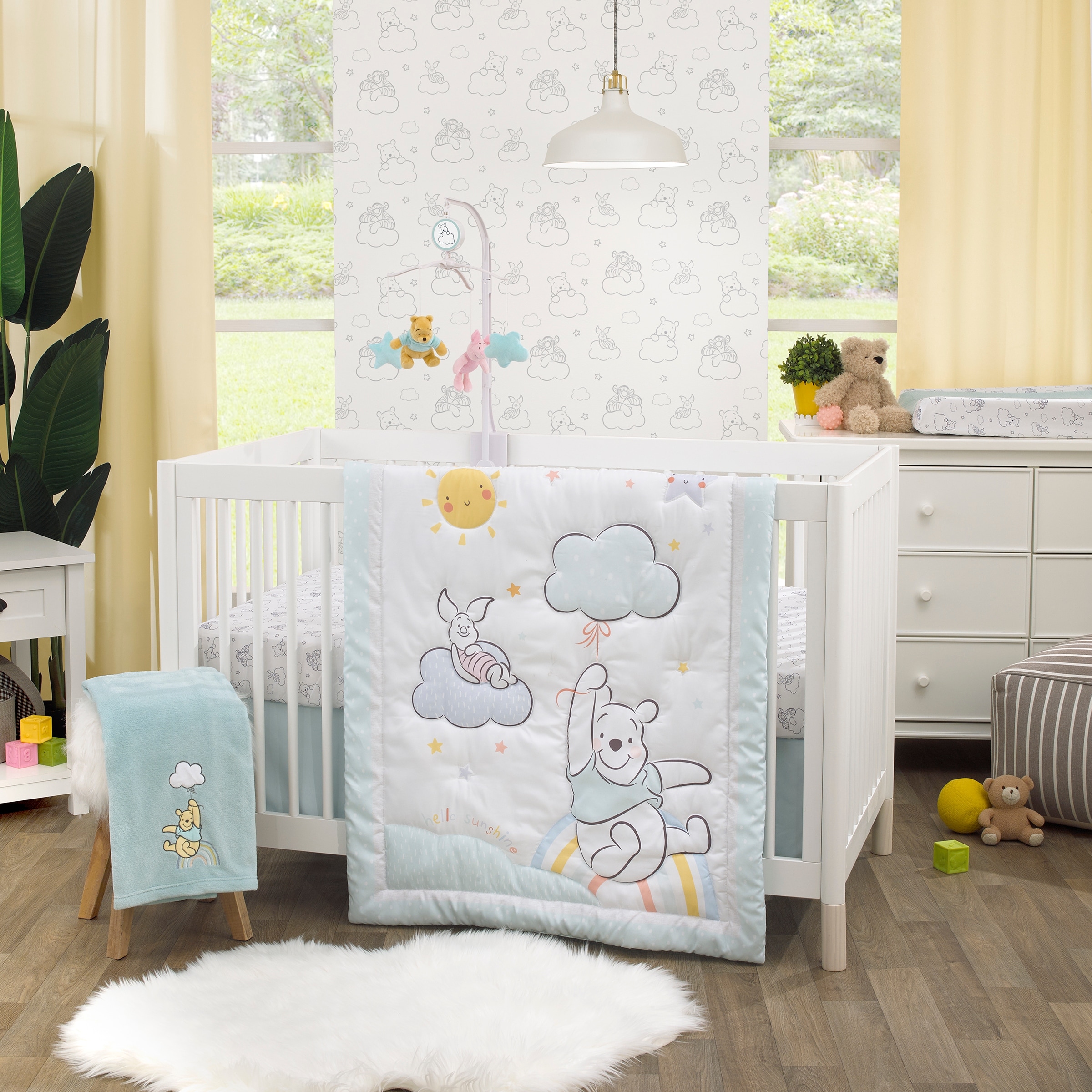 Disney Winnie The Pooh Hello Sunshine Multi Colored Rainbow Yellow Sun and Blue Clouds 3 Piece Nursery Crib Bedding Set Comforter Fitted Crib