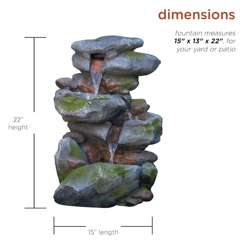 Alpine Corporation - Outdoor 3-Tier Rock Waterfall Fountain with LED Lights for Garden, Patio, Yard, and Porch Decor