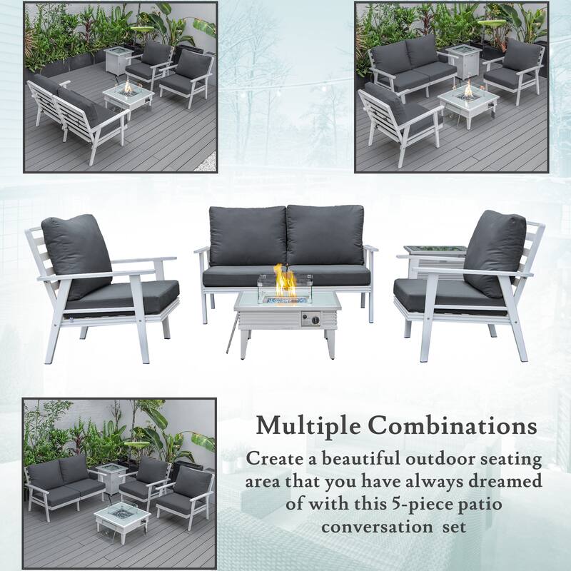 Walbrooke Polyester Upholstered Aluminum Powder Coated Outdoor Patio Furniture Set with Fire Pit Table