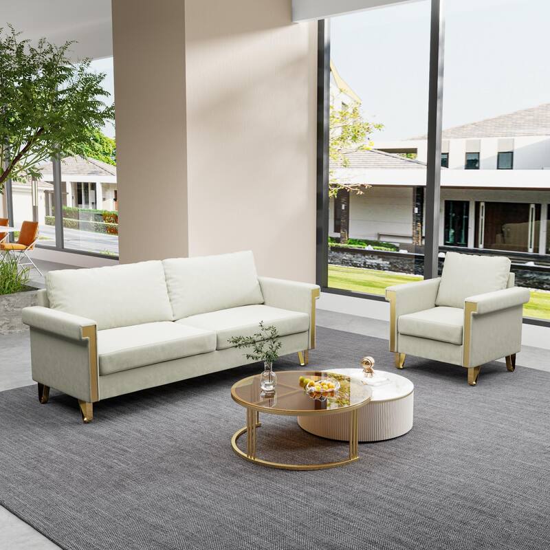 Mid-Century Velvet 3-Seater Sofa Chair Set with Gold Legs