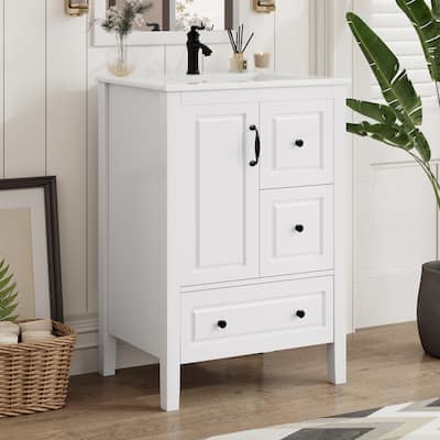 24 Inch Bathroom Vanity With Sink, One Cabinet With Soft-Closing Door, 3 Soft-Closing Drawers, Retro Metal Handles
