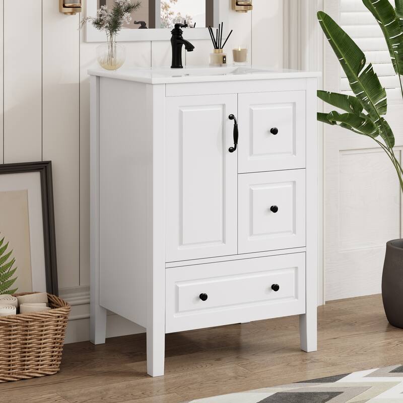 24 inch Bathroom Vanity with Sink, One Cabinet with Soft-closing Door, 3 Soft-closing Drawers, Retro Metal Handles - White