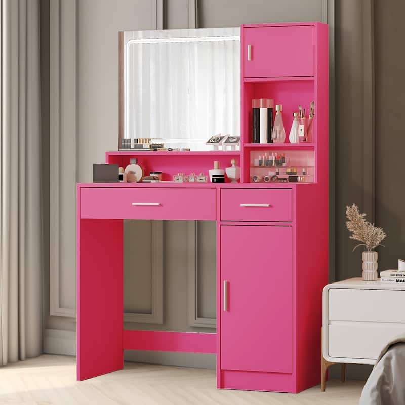 Modern Vanity Desk with Mirror, LED Light Strip and Storage