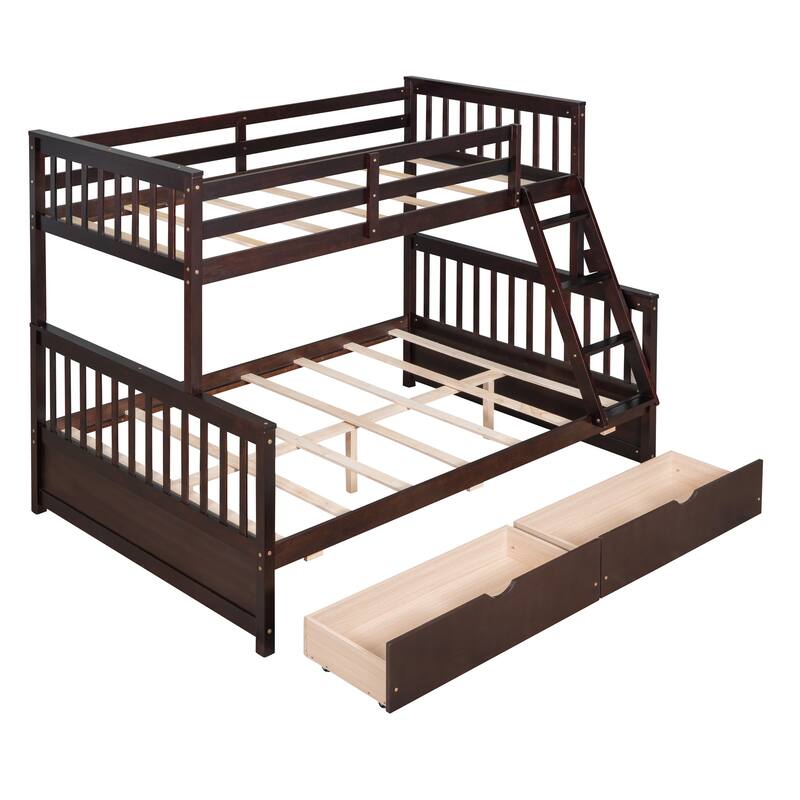 Solid Wood Twin-Over-Full Bunk Bed with 2 Storage Drawers and Ladder