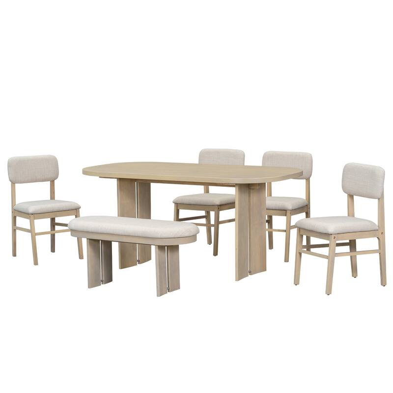 Solid Wood Dining Table Set with Bench - 6-Piece Upholstered Rectangular Dining Room Table Set with Bench