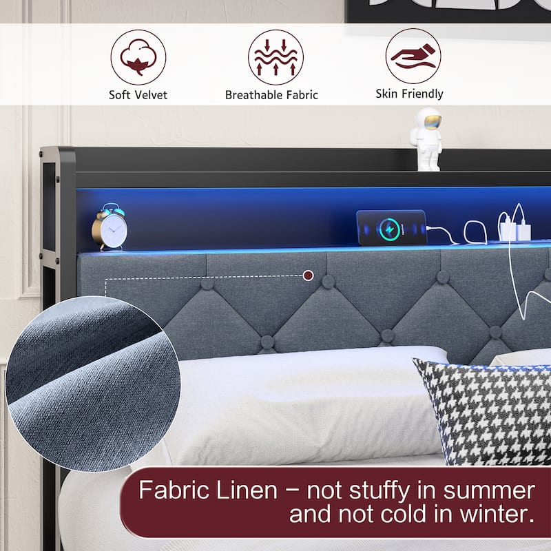 Queen Size Upholstered Bed with Storage Drawers, LED Headboard & USB Ports - Modern Fabric Platform Bed