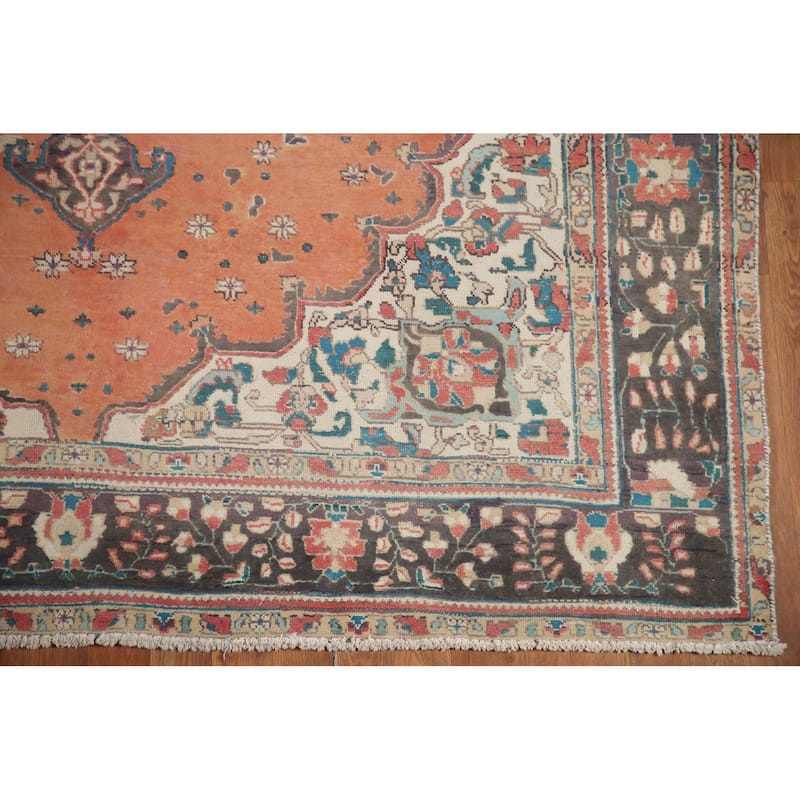 Hand Knotted Oriental 100% Wool Carpet Traditional Floral Oranges & Rust Tabriz Area Rug - 9' 3'' X 6' 8''