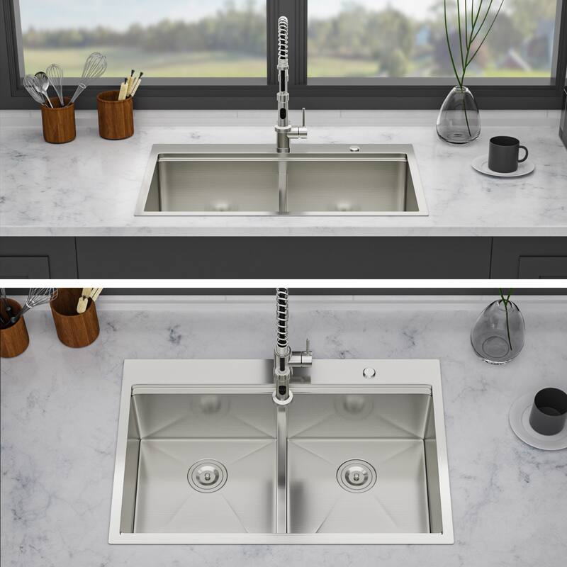 Drop in Double Bowl (50/50) Kitchen Sink 16 Gauge with Two 10" Deep Basin - Brushed Nickel