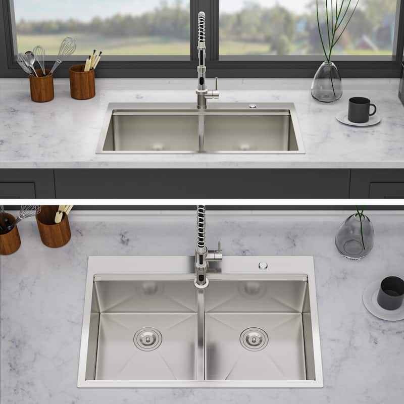 Topmount Drop in Kitchen Sink 36x22x10" Double Bowl Kitchen Sink 16 Gauge with 2 10" Deep Basin, Brushed Nickel