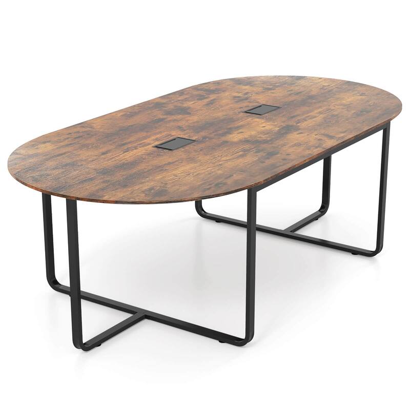 95" Conference Table Large Oval Meeting Table for 10-12 People - Rustic Brown & Black