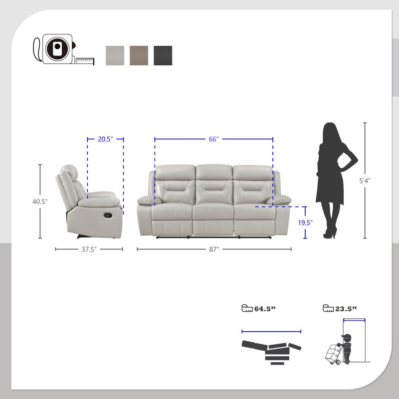 Papyrus Leather Match Manual Double Reclining Sofa