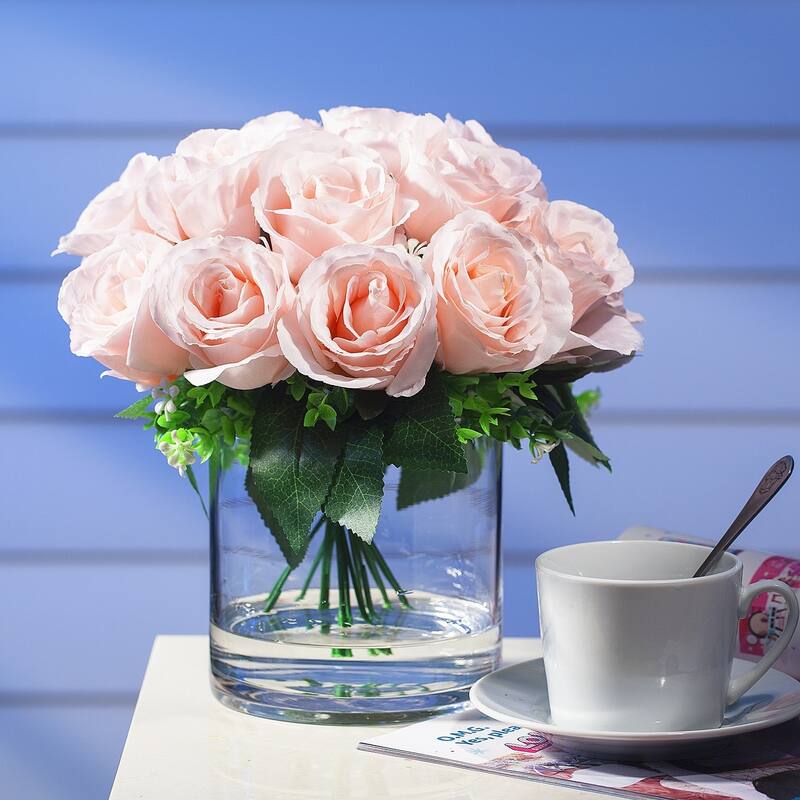 Enova Home Artificial Open Fake Silk Roses Flowers Arrangement in Clear Glass Vase with Faux Water for Home Wedding Decoration