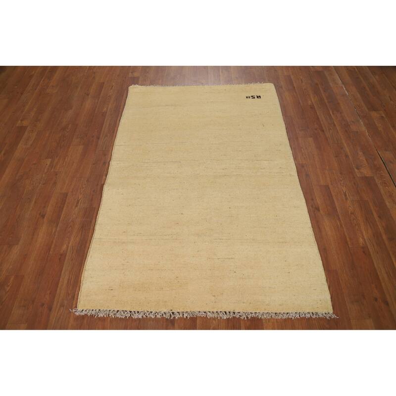 Muted Yellow Gabbeh Modern Foyer Rug Handmade Wool Carpet - 3'4"x 4'10"