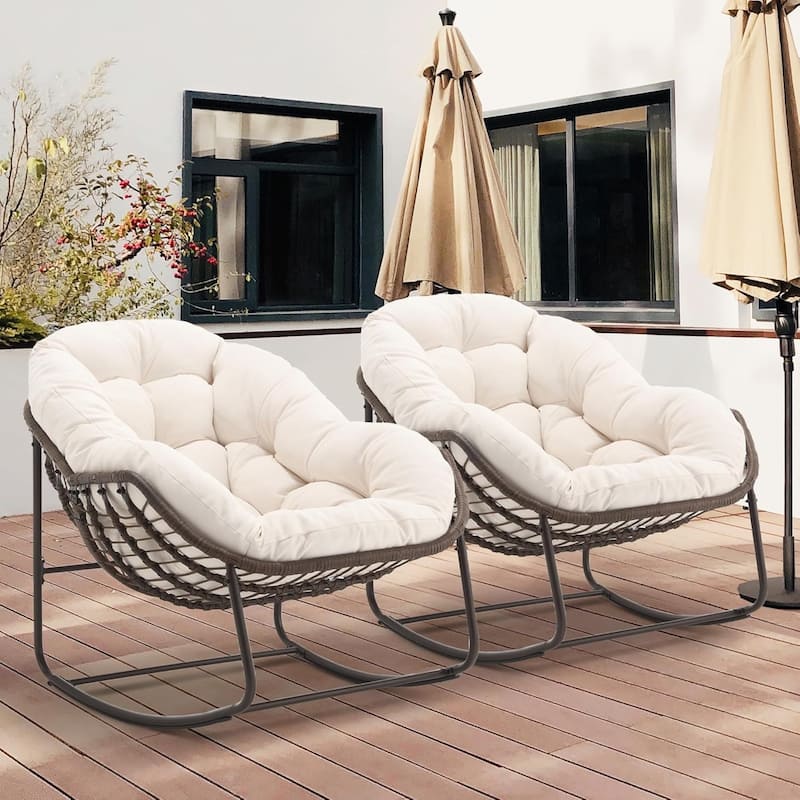 Outdoor Rattan Rocker Recliner Chair With Polyester Padded Cushion （set of 2）