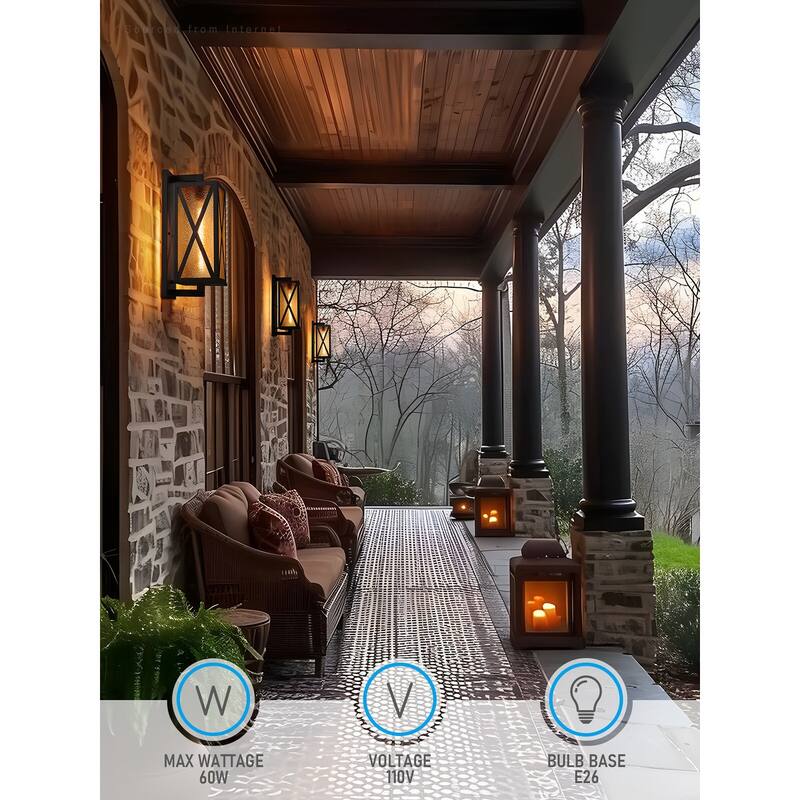 19Inch Exterior Wall Lights, E26 Base, Ripple Glass Shade, Black - 2pack