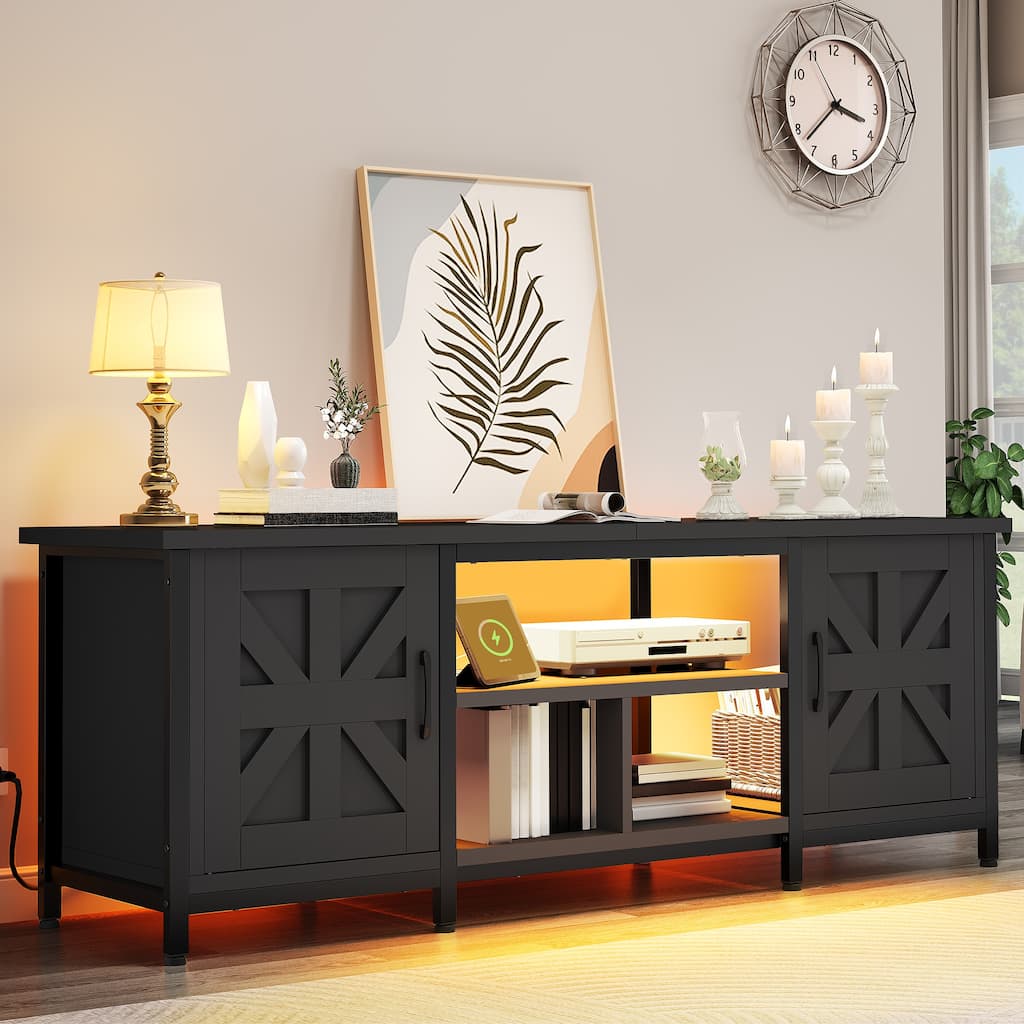 Moasis Farmhouse TV Stand with LED & Charging, Storage Cabinet and Shelves for TVs up to 70", Black