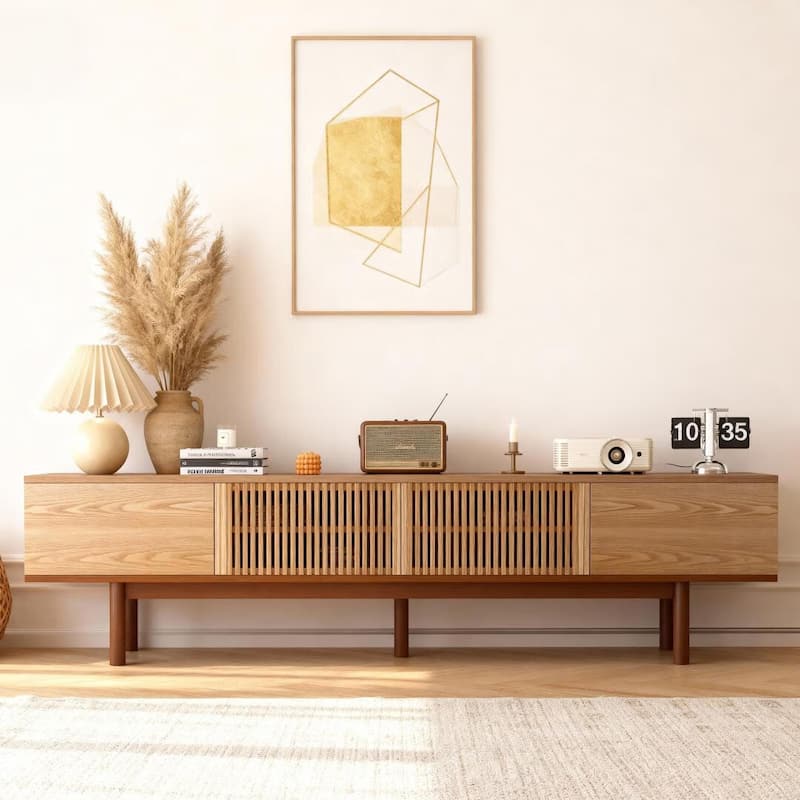 86.6" Solid Wood TV Stand with Slatted Door Design, Media Console for 90" TVs, - 86.6"Wx15.7"Dx20.8"H