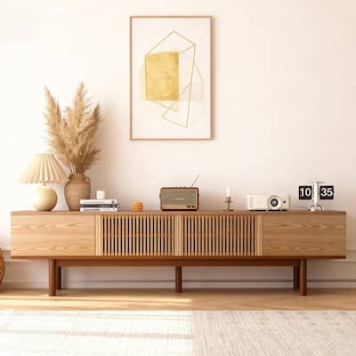86.6" Solid Wood TV Stand with Slatted Door Design, Media Console for 90" TVs, - 86.6"Wx15.7"Dx20.8"H
