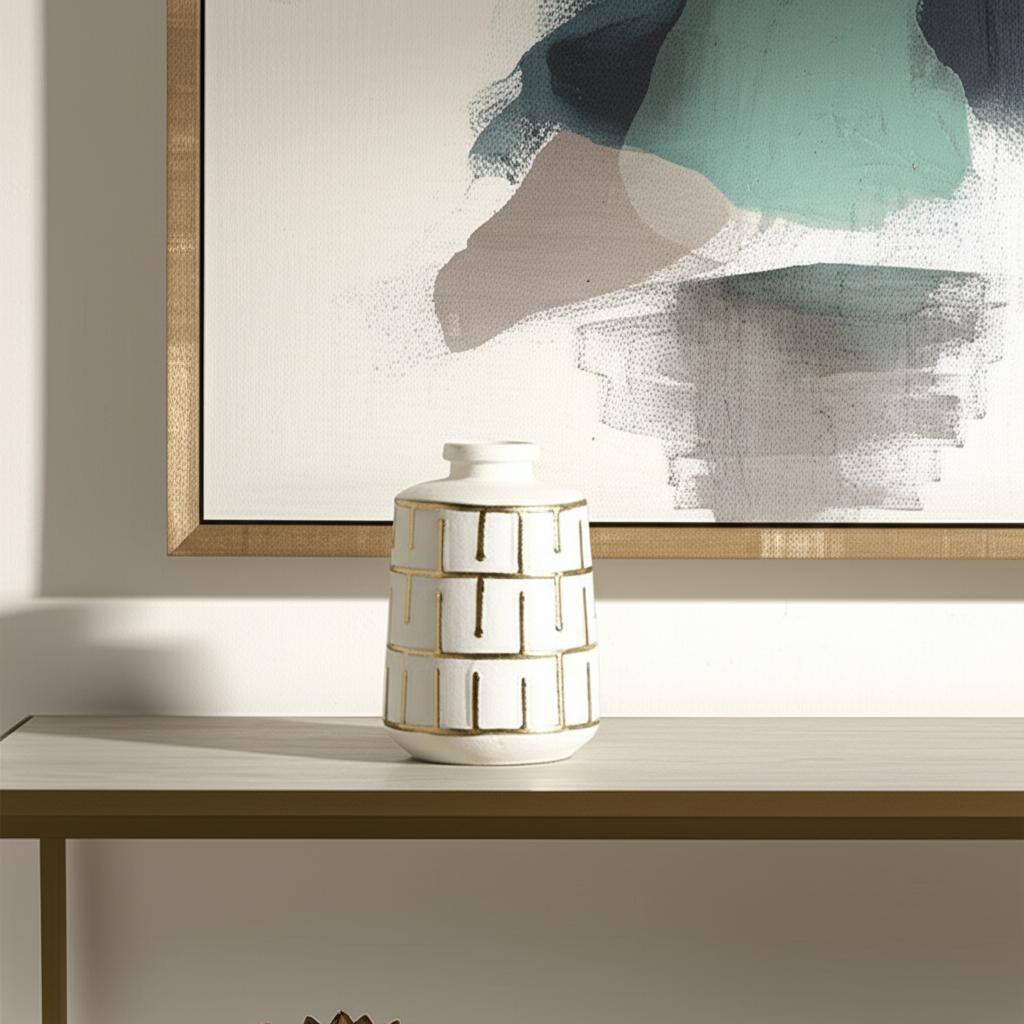 9" Ivory And Gold Geometric Round Ceramic Table Vase - 5.70