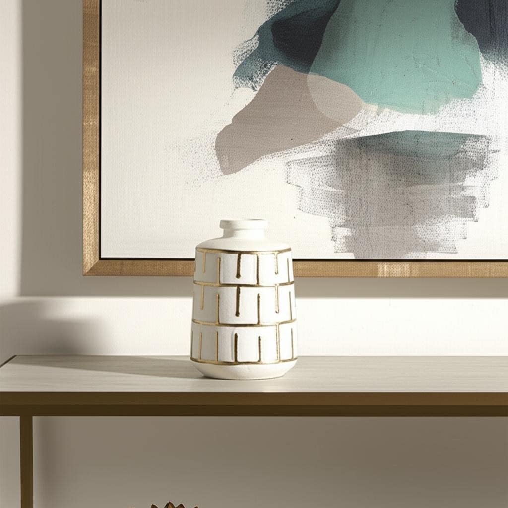 9" Ivory And Gold Geometric Round Ceramic Table Vase - 5.70
