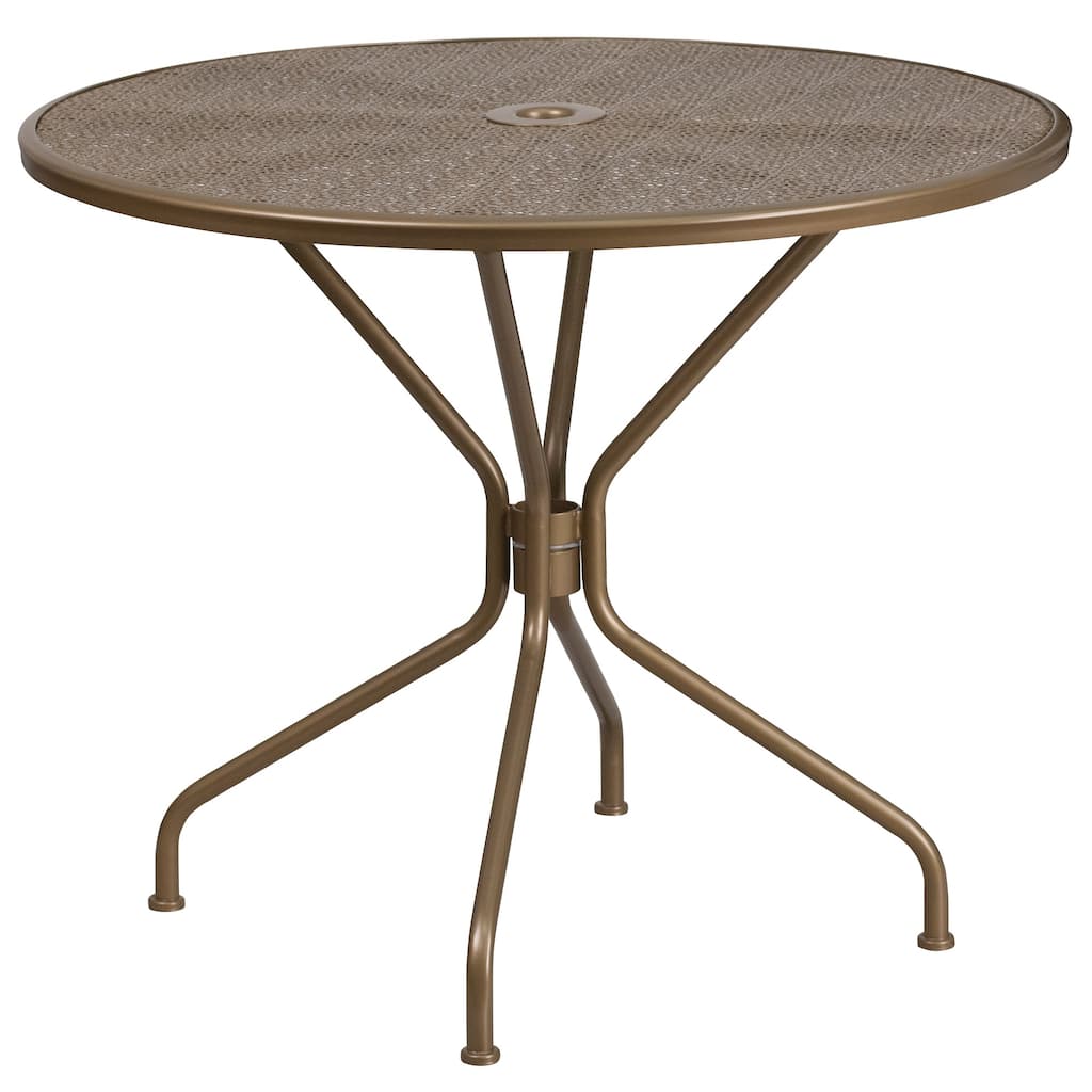 35.25" Gold Contemporary Round Outdoor Patio Table with Umbrella Hole