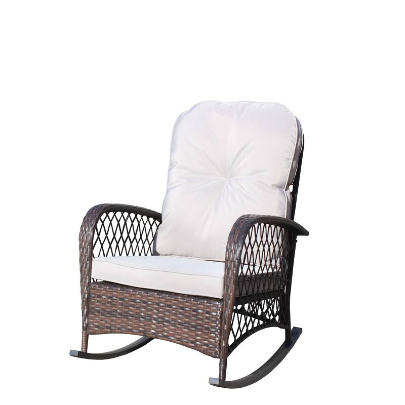 Outdoor Wicker Rocking Chair with Wide Seat, Thick, Soft Cushion, Rattan Rocker w/Steel Frame, High Weight Capacity