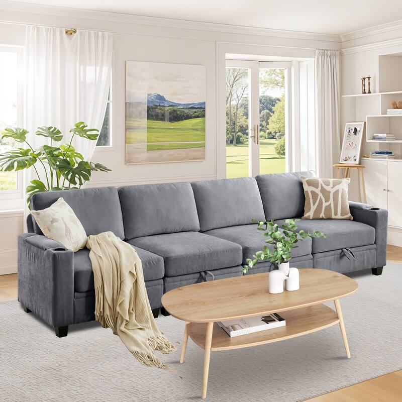 Chenille Sectional Sofa, Hidden Storage & Modular Design
