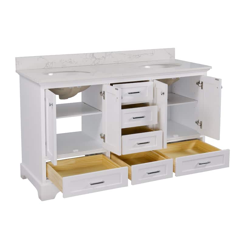 KitchenBathCollection Harper 60" Double Bathroom Vanity with Engineered Marble Top