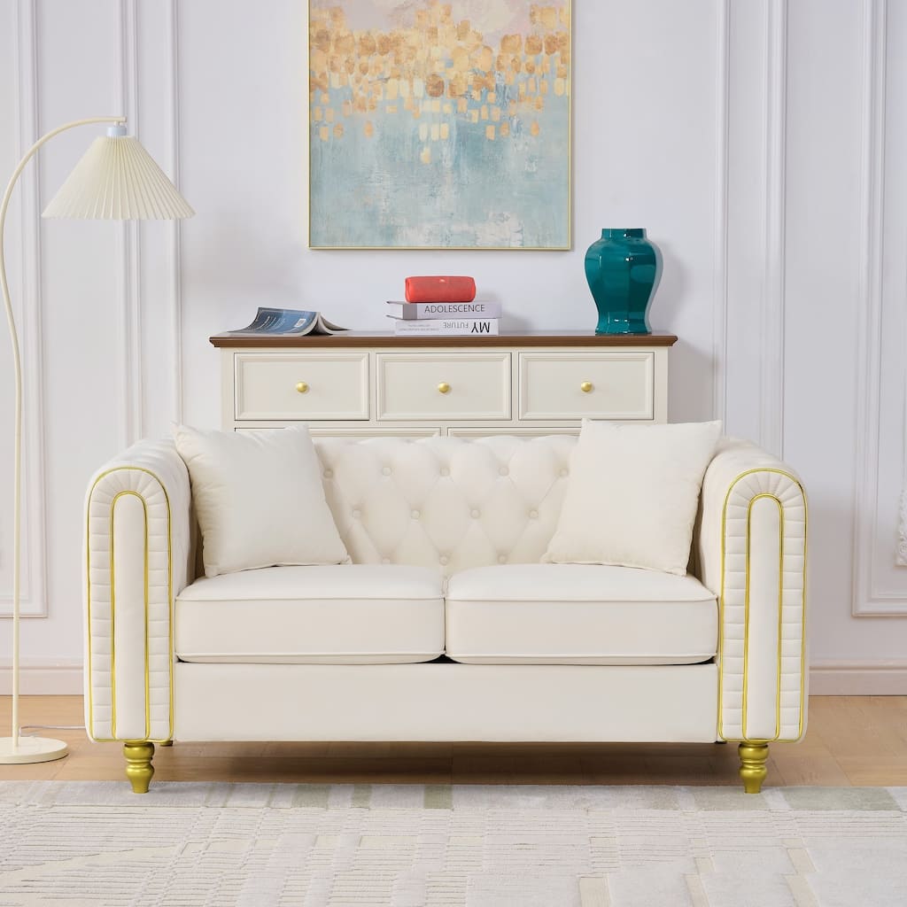 Roomfitters 63" Modern Upholstered Chesterfield Loveseat with Gold Trim, Button Back 2-Seater Couch for Small Spaces
