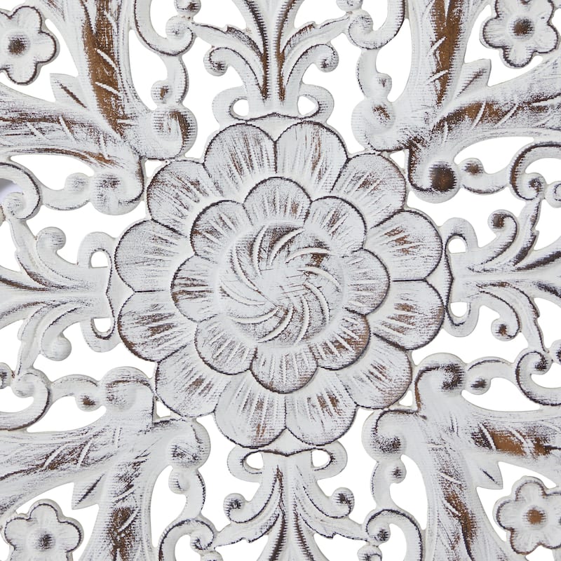 Wood Floral Handmade Intricately Carved Mandala Home Wall Decor with Brown Distressing - White - Roche River Decor