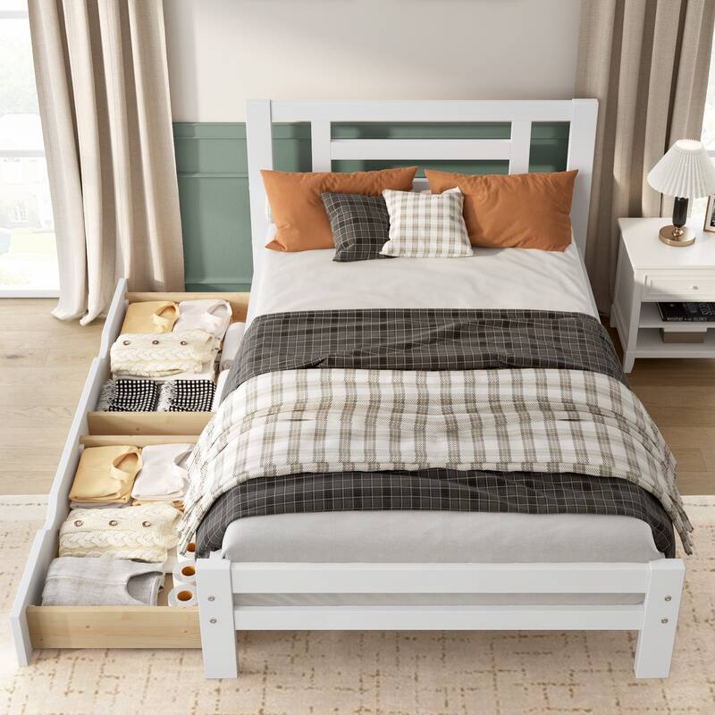 Twin Size Bed Frame Wood Platform Bed Frame with Headboard and 2 Storage Drawers/Wooden Slat Support/No Box Spring Needed/White