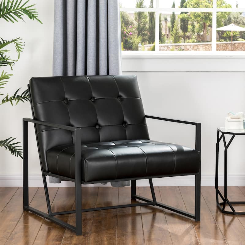 Glitzhome 29.50"W Mid-Century PU Leather Tufted Accent Chair - 29.5"W x 30.5"H x 29.25"D - Black