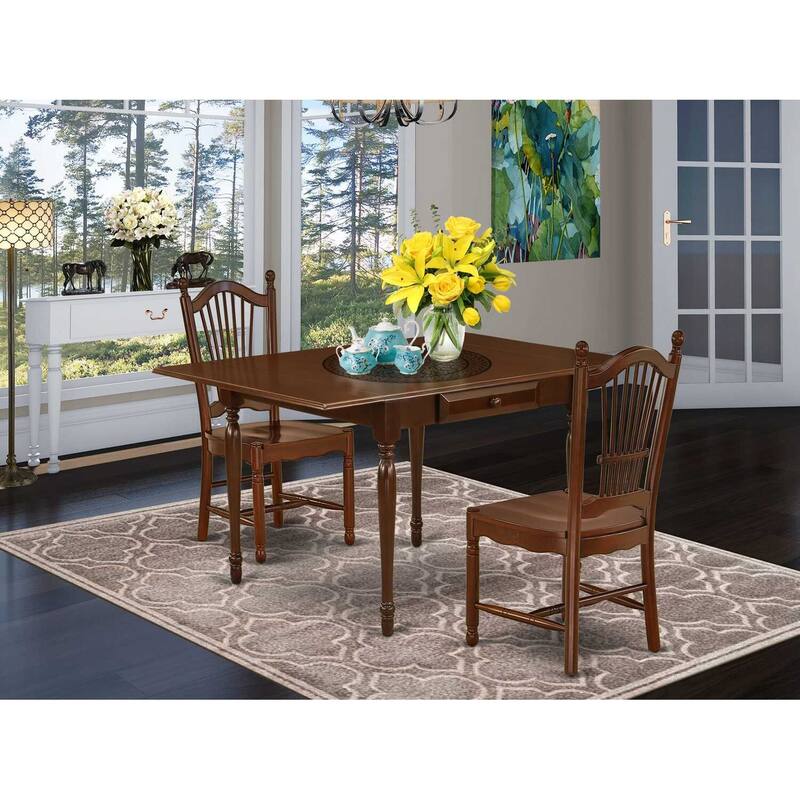 HomeStock 3-Piece Mahogany Finish Solid Wood Top With Dropleaf Dining Table Set