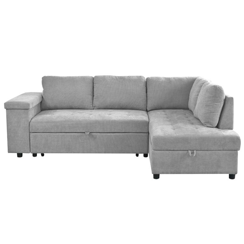 91.5" Polyester L-Shaped Sectional Sofa with Pull-Out Bed, Hidden Storage and Wide Storage Armrests