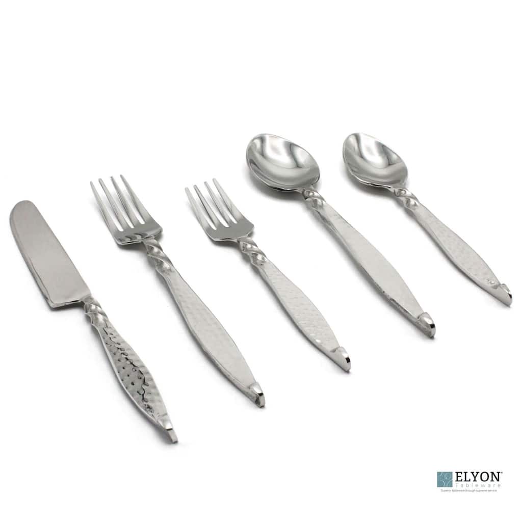 Elyon Rosman Hammered Reflective Silver 20 Piece Flatware Set Indian Artisan-Made Set Hand-Forged Stainless Steel Service for 4