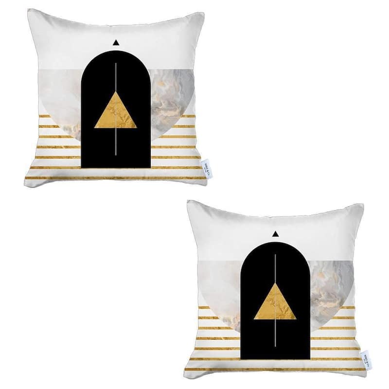 HomeRoots Set Of Two 18" X 18" White Black And Gold Abstract Zippered Handmade Polyester Throw Pillow