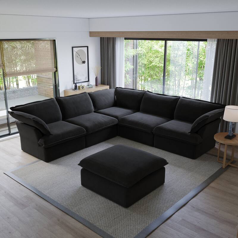L-shape Sectional Sofa Modern Upholstered Modular Sofa - Black with Ottoman