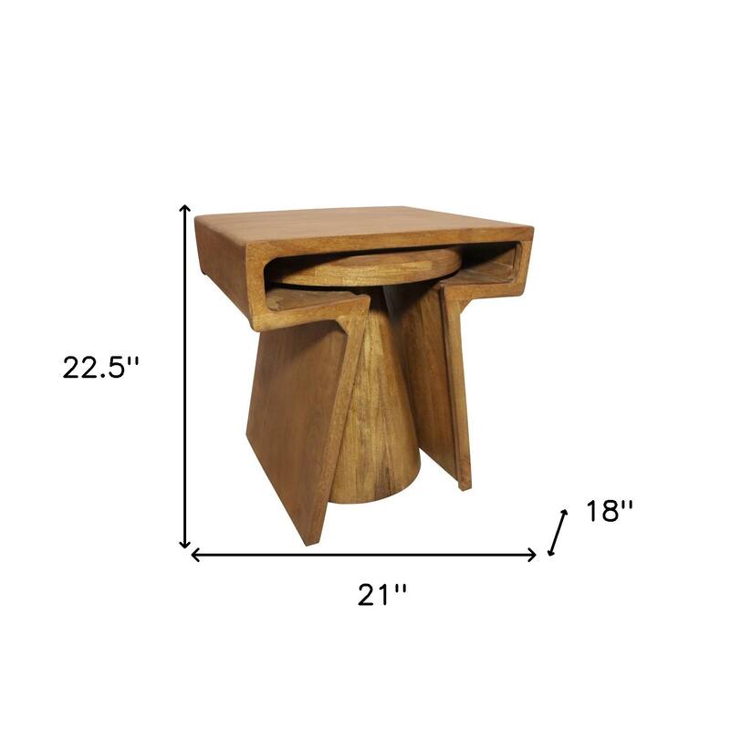 HomeRoots Set of Two Walnut Distressed Solid Wood Pedestal Nested Tables - 21.00 in. x 22.50 in. x 18.00 in.