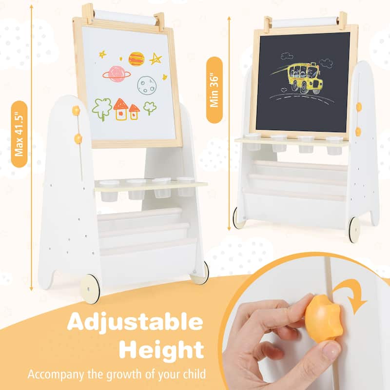 Kids 4 in 1 Art Easel and Desk with Stool Adjustable Height Whiteboard Chalkboard Paper Roll and Storage for Drawing