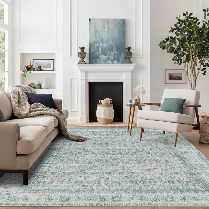 Mcow Machine Washable Boho Vintage Retro Floral Non Slip Rug