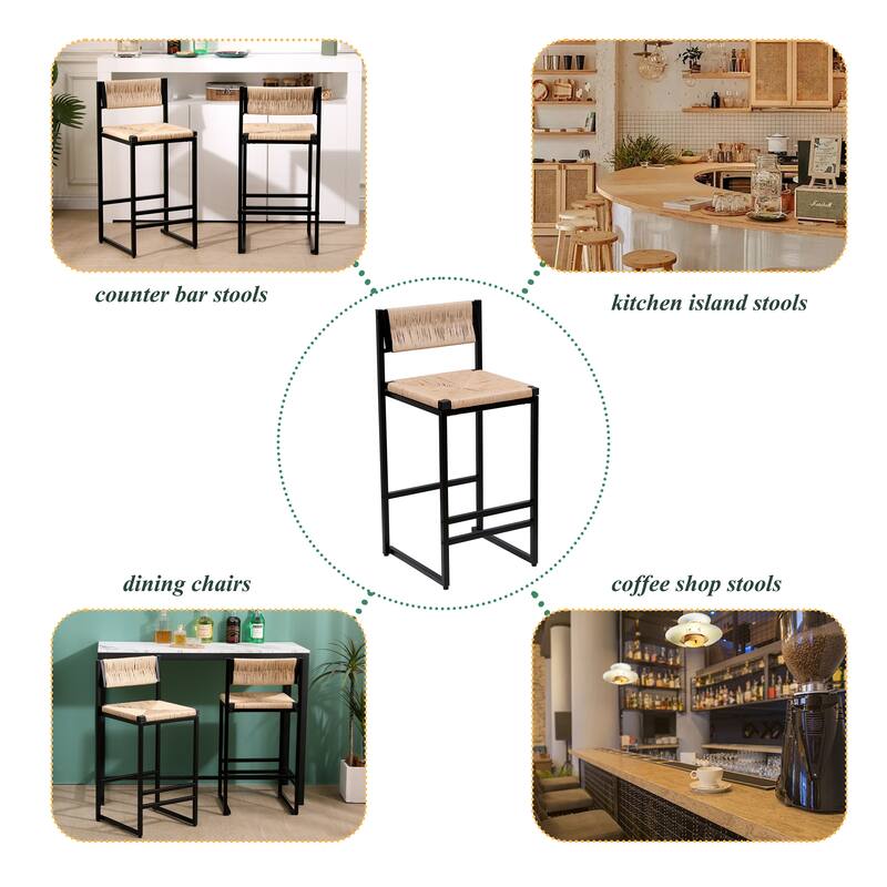 Bar Stools Set of 2 Paper Rope Weave Dining Chairs with Back Hand Weave Stools for Kichen Island, Bar & Counter