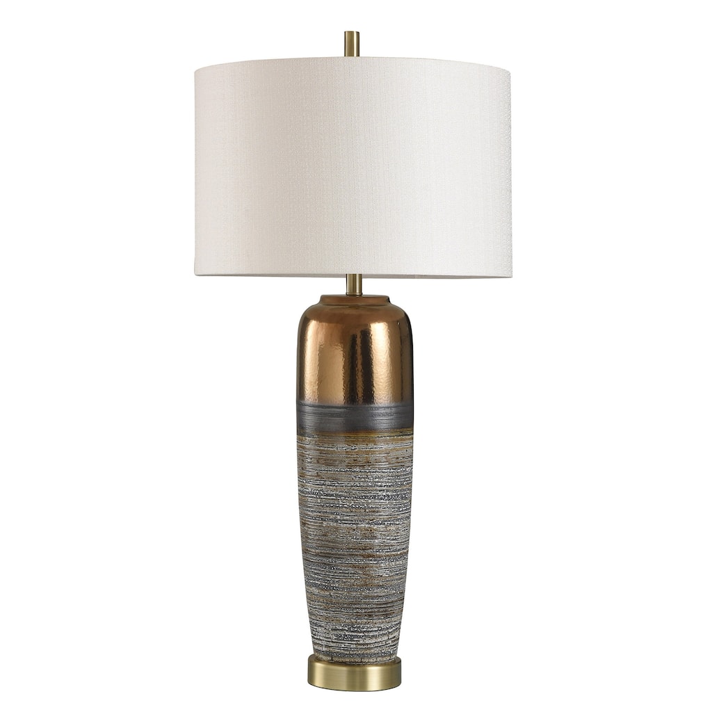 Morganton Ceramic White, Gray, and Gold Table Lamp - White Hardback Fabric Shade