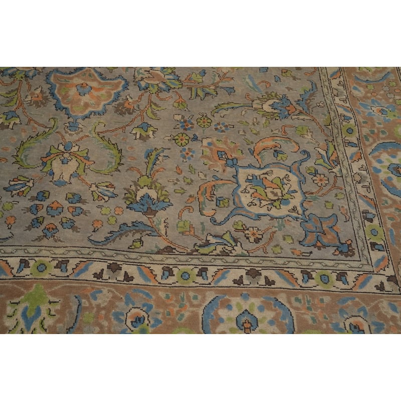 Hand Knotted Oriental 100% Wool Carpet Traditional Floral Greys & Charcoal Tabriz Area Rug - 10' 9'' X 7' 9''