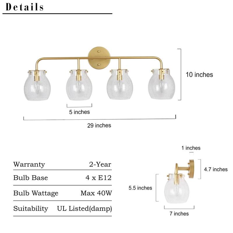 2/3/4-Light Modern Gold Bathroom Vanity Light Dimmable Seeded Glass Wall Sconces