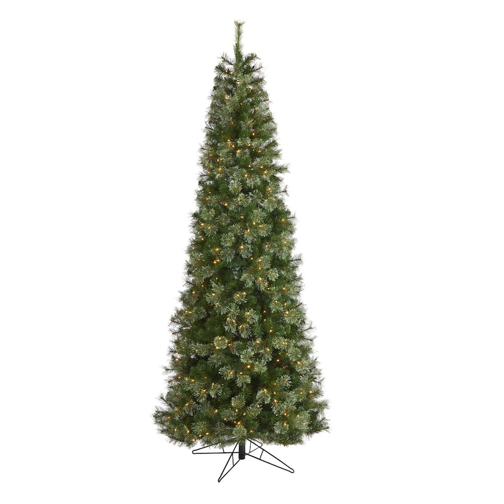 9ft Slim Christmas Tree with Lights - Pencil Artificial Tree, Holiday Decor, Indoor Xmas Tree with Stand - Green - 108