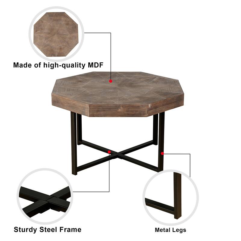 30 Inch Wood Octagonal Vintage Patchwork Craft Farmhouse Coffee Table with Cross Metal Legs