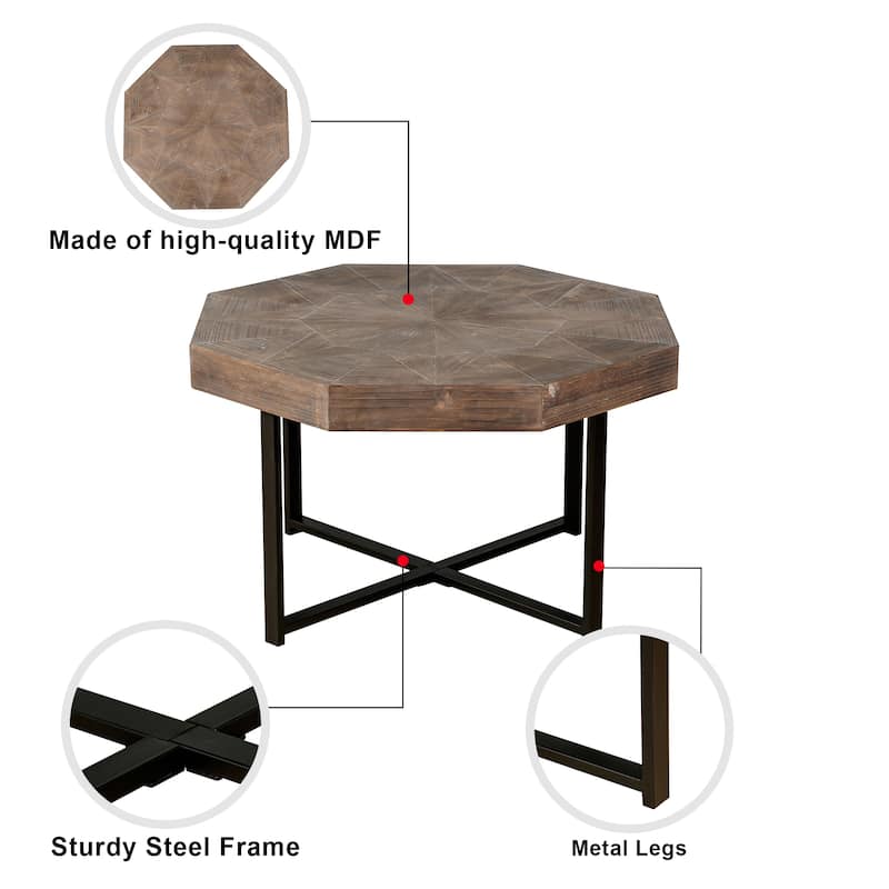 Octagonal Retro Patchwork Farmhouse Coffee Table with Wooden Tabletop Cross Metal Legs, for Living Room Antique Brown