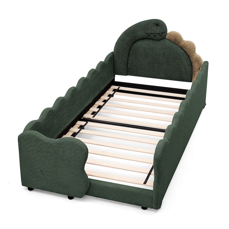 Twin Dinosaur-Shaped Kids Bed with Safety Guardrail - Solid Wood Toddler Bed Frame in Boucle Fabric