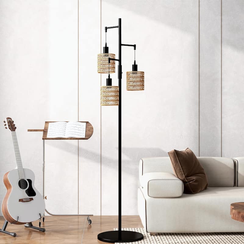 3 Light Rattan Standing Tall Lamp Vintage Floor Lamps - Dimmable/Black